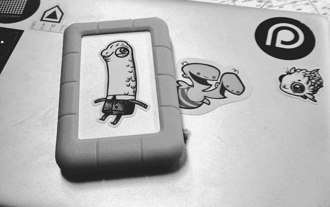 a photo of an external hardrive with a sticker of necomedre, an oquonie character