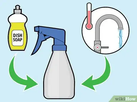 Step 1 Add a little liquid dish soap to a spray bottle of warm water.